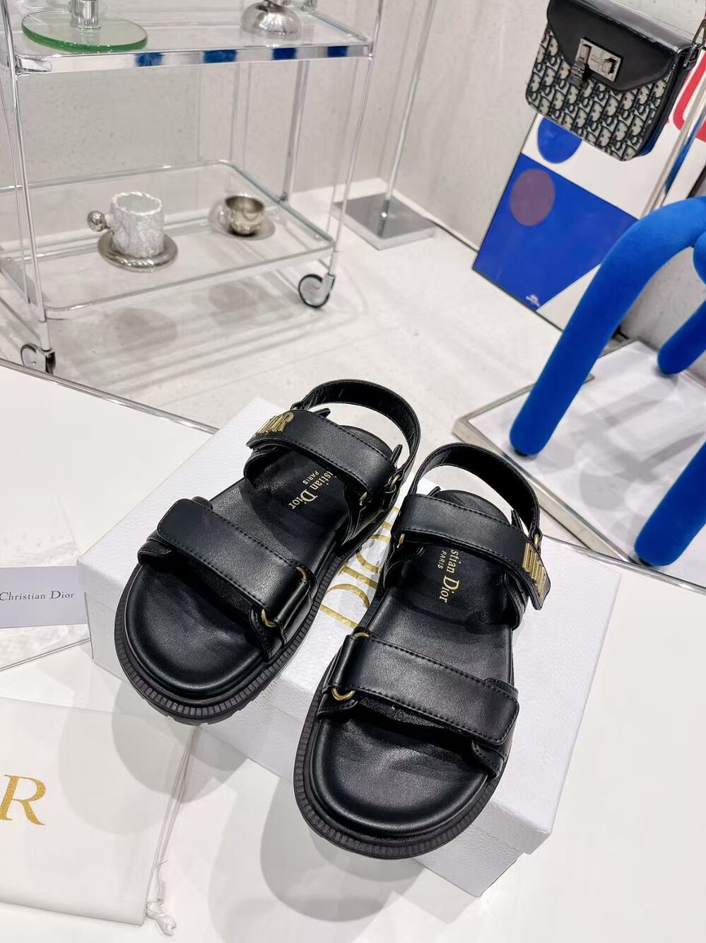 Dior Black Leather Sandal with Gold Logo Accents